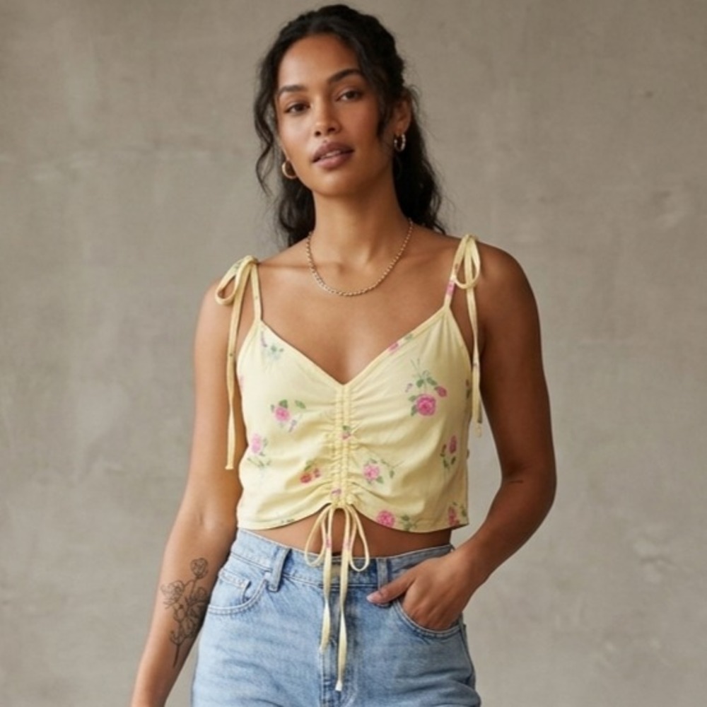 Lottie Moss Yellow Floral Tank Top Juniors XS Crop Scrunch Tie Cottagecore